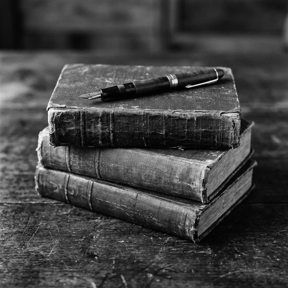 A stack of worn books with a fountain pen resting on top