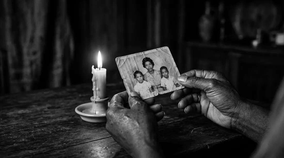 Hands holding an old family photograph beside a candle